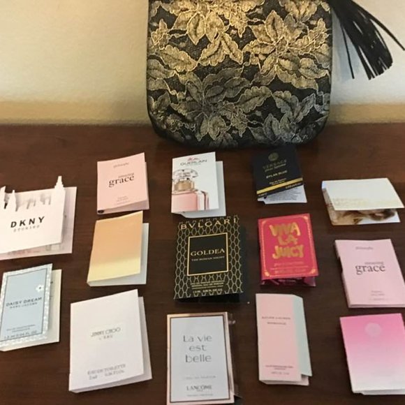 14 Fragrance sample Vials and Cosmetics Bag - NEW - Picture 1 of 5